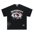 Black and white retro hip hop gothic graphic t-shirt with letter designs on cotton fabric