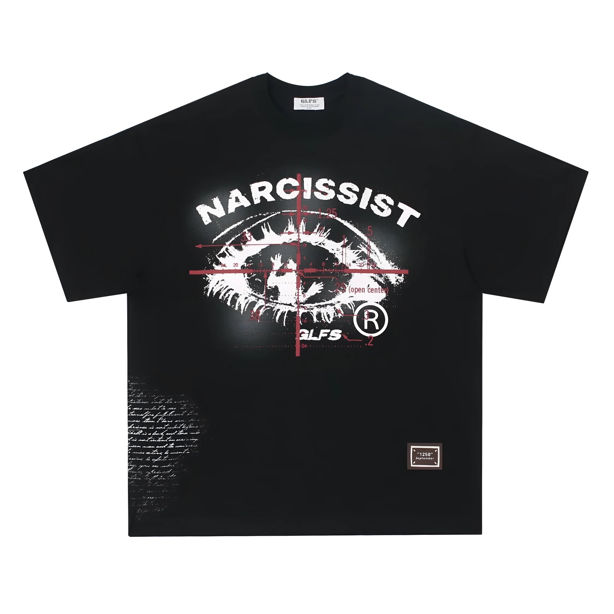 Black and white retro hip hop gothic graphic t-shirt with letter designs on cotton fabric
