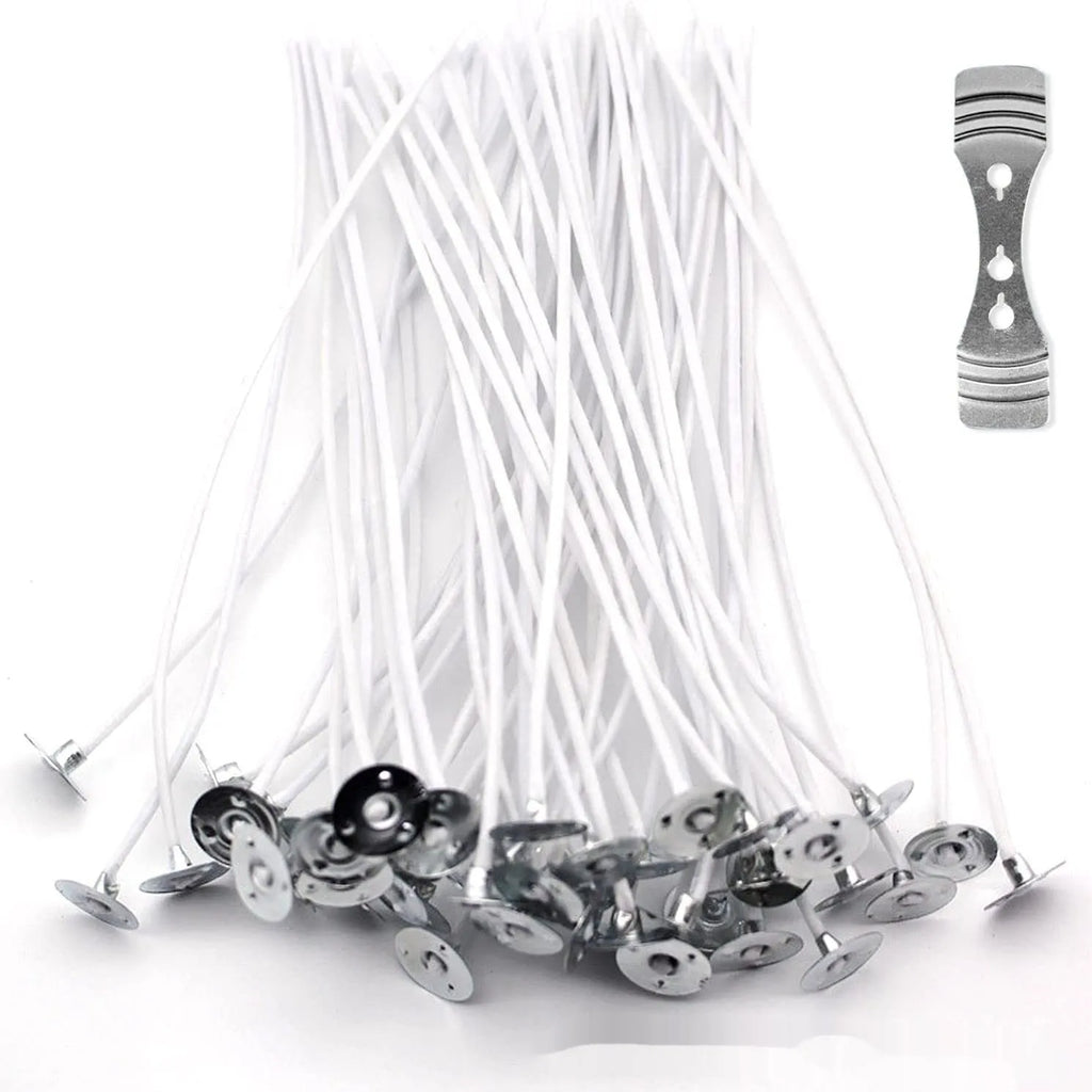 White cotton candle wicks showing three length options: 2.6cm, 6cm and 8cm for DIY candle making