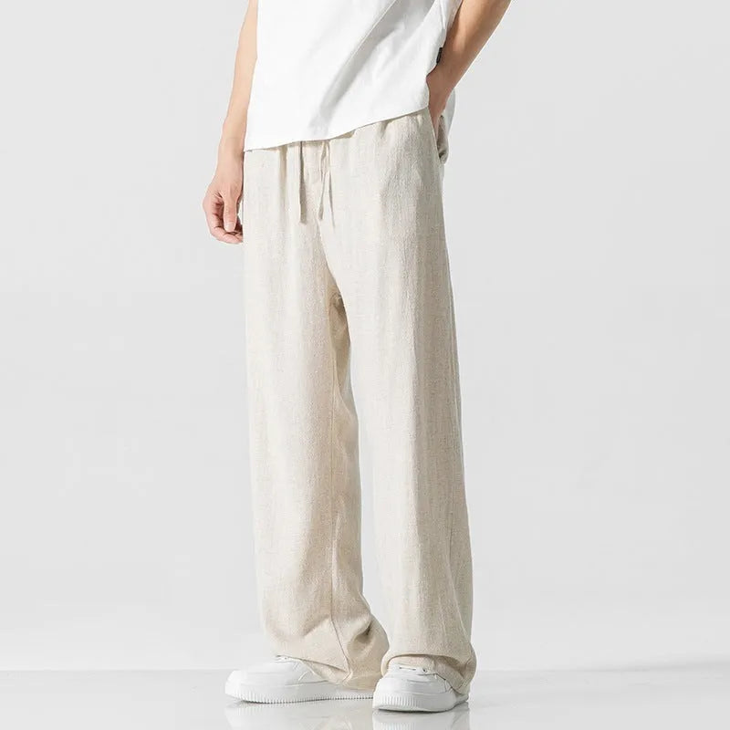 Men's bamboo fibre summer trousers with drawstring waist and cropped straight-leg design in solid colours