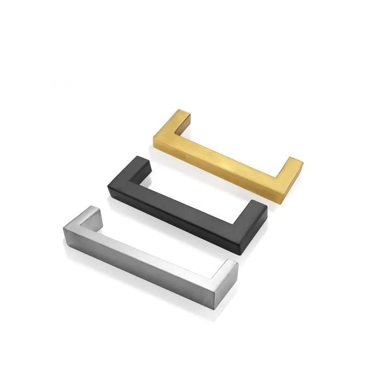 Stainless steel square pipe cabinet door handle in a brushed finish.