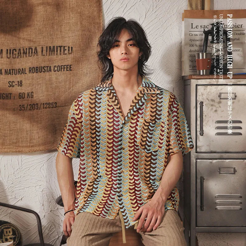 Grey plus-size Japanese-style Cuban collar short sleeve shirt with hollow jacquard texture.
