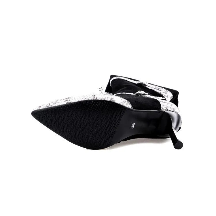 Grey knee-high women's boots with a thin 9cm high heel on a rubber sole.