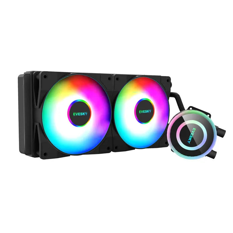 Aluminium CPU radiator with fan, shown in 120mm, 240mm, and 360mm sizes with RGB lighting option.