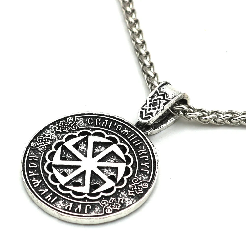 Lunavin ODing logo pendant necklace with snake bones chain and leather rope options in antique silver finish