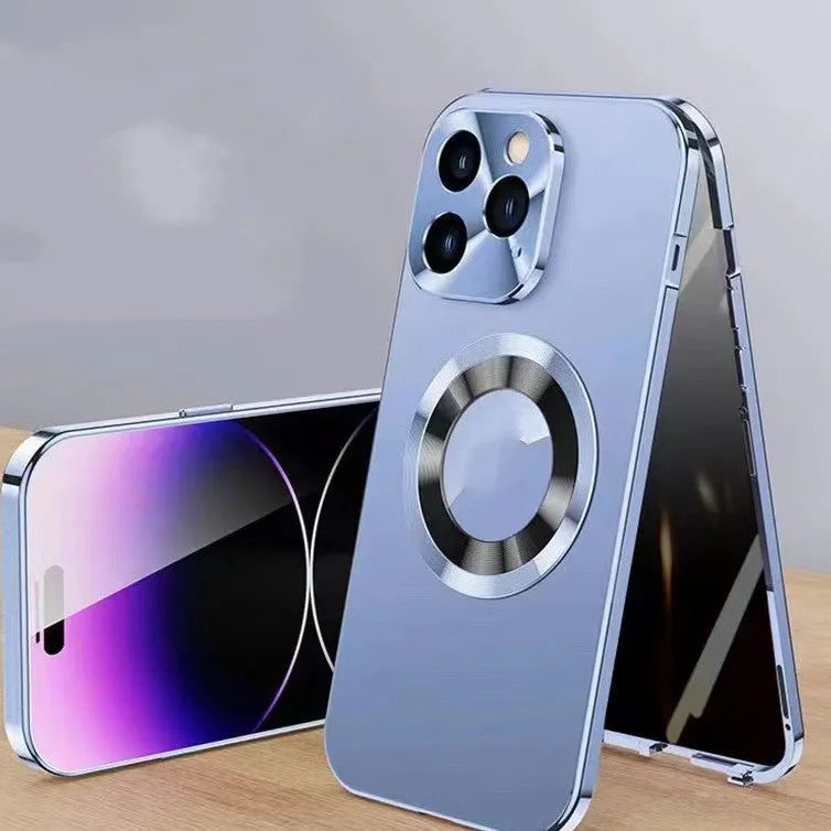 Magnetic anti-peep phone case for iPhone with metal clip, shown in black, blue, gold, purple, and silver colour options.