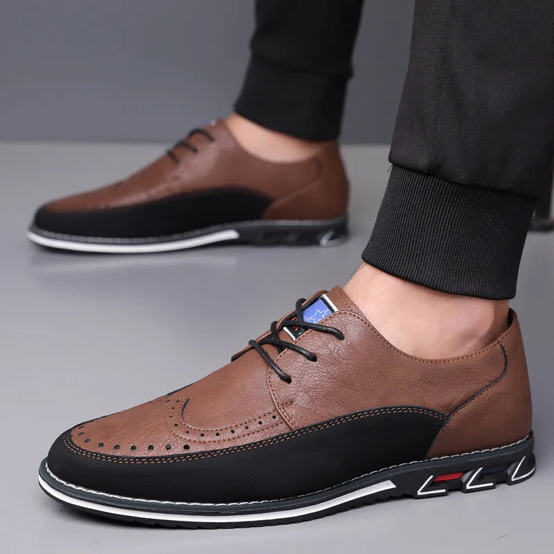 Men's black casual leather slip-on shoe with rubber sole and leather toe cap detail