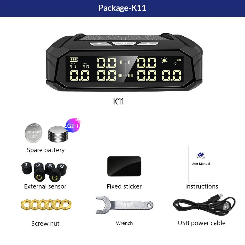 Solar external tire pressure monitor with colour LCD display for six-tire RVs and trucks