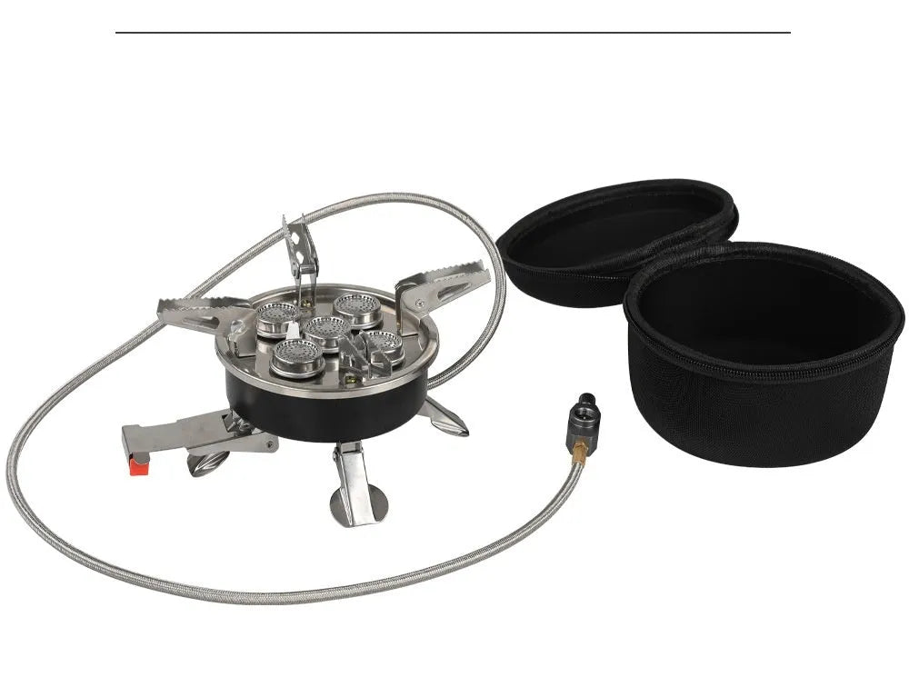 Silver foldable stainless steel split camping stove with copper fittings and a long hose.
