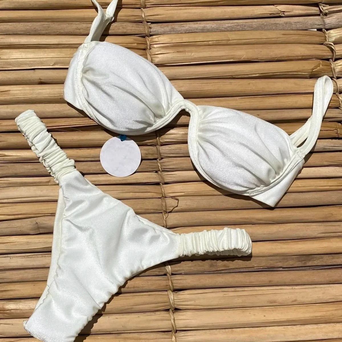 Women's underwire bikini swimsuit in black, khaki and white colours with European styling