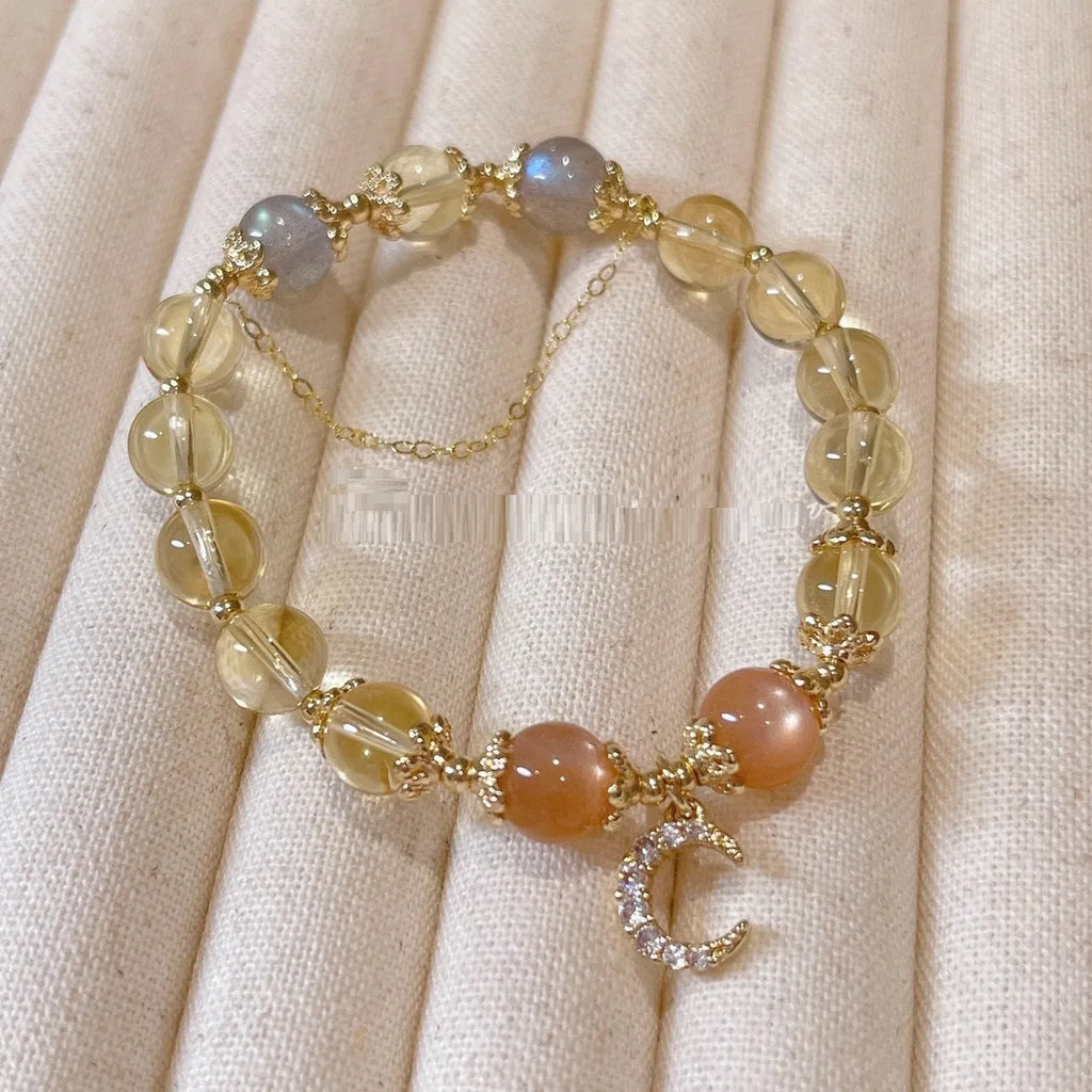 Women's Chinese-style crystal bracelet with citrine moonstone centrepiece and 14K gold electroplating