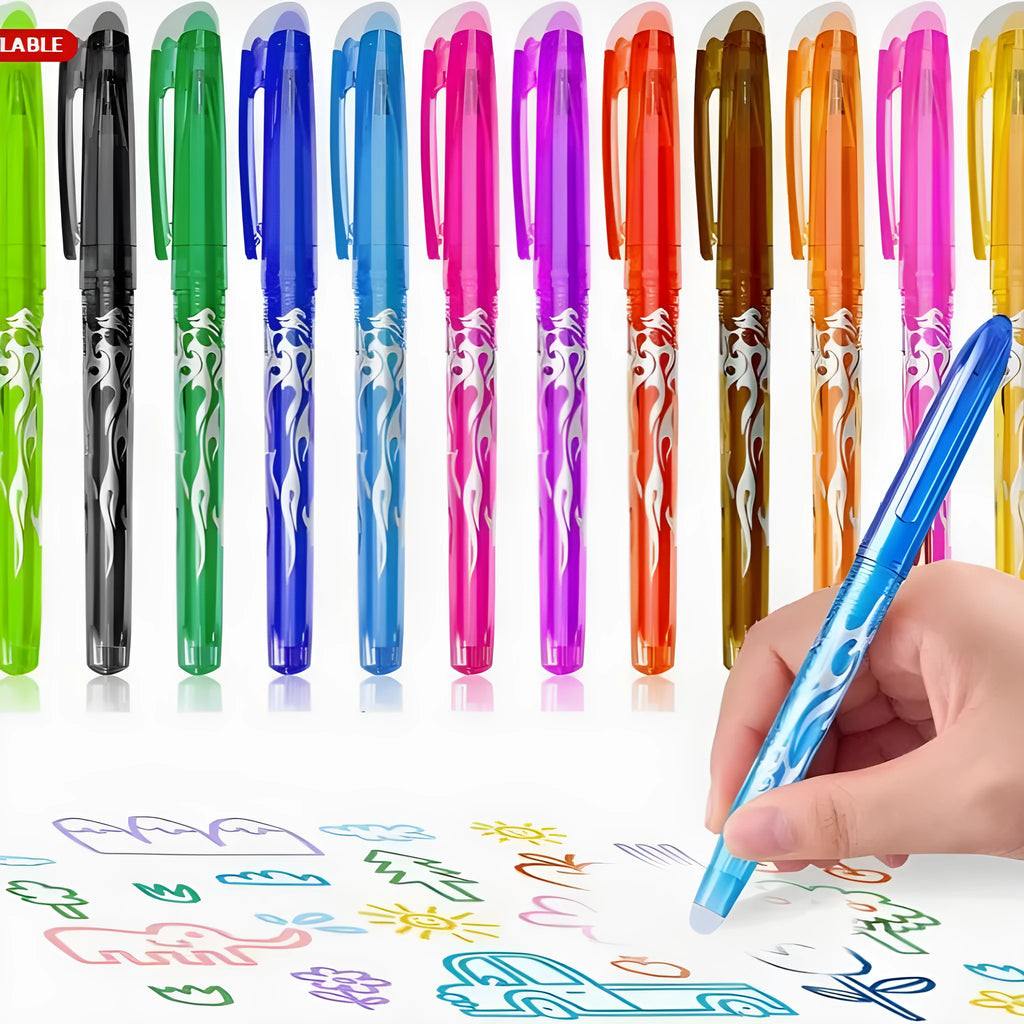 Set of heat erasable gel pens with plastic bodies and stainless steel nibs, in multiple colours.