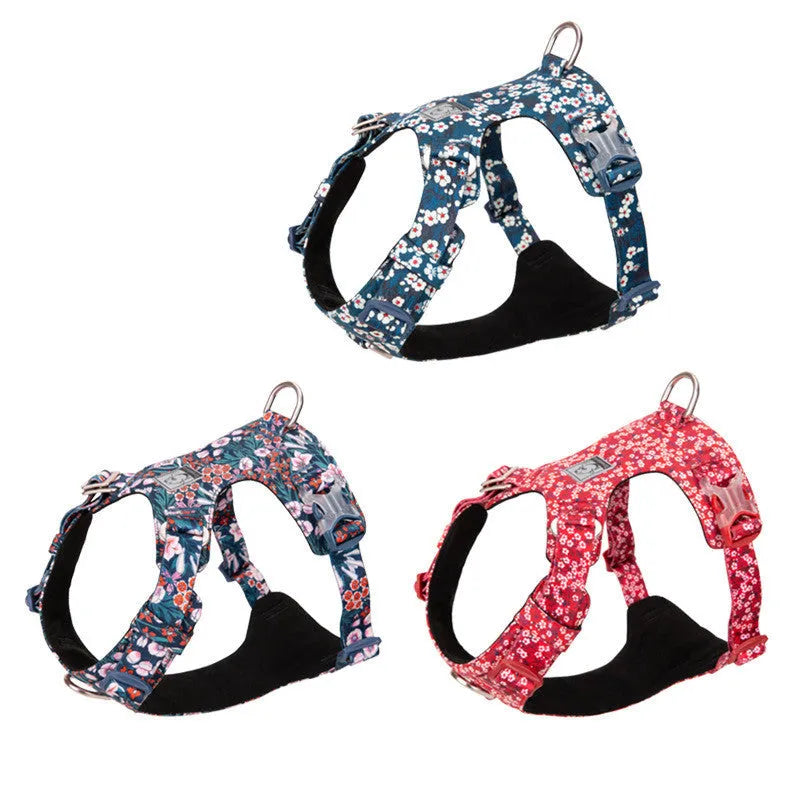 Floral print cotton dog chest harness on a dog, showing adjustable straps and pull-resistant design.