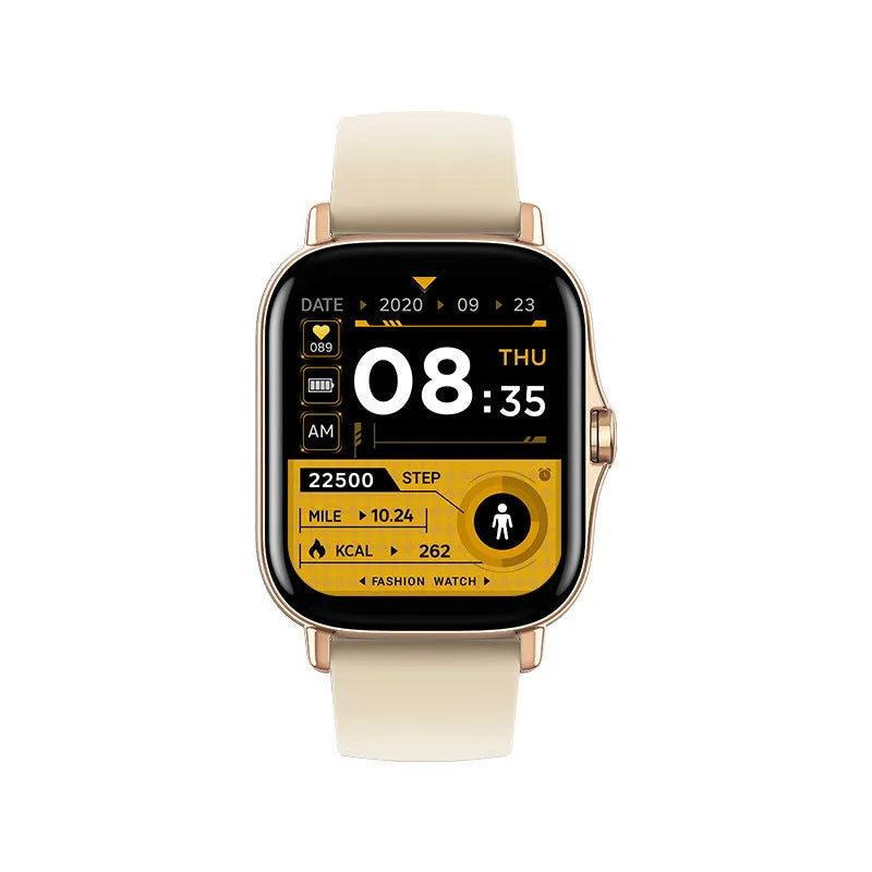 GT20 black smartwatch with silicone strap showing health stats on 1.75-inch screen