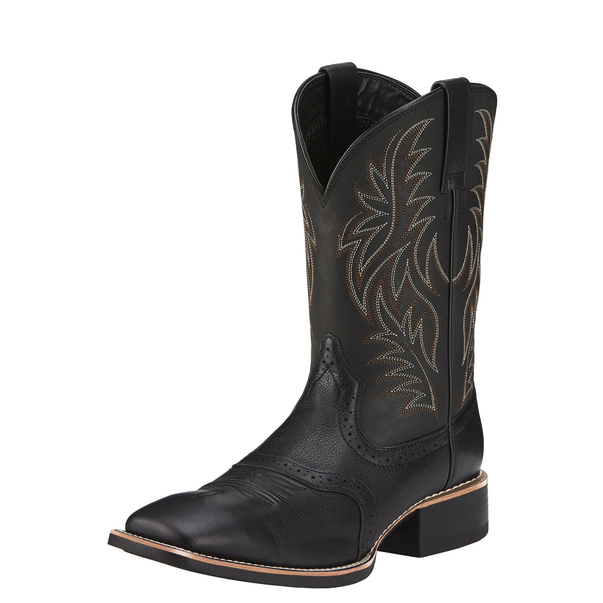 Men's black Western cowboy boots with high embroidery vintage pattern, square toe wide head design, and high cylinder construction