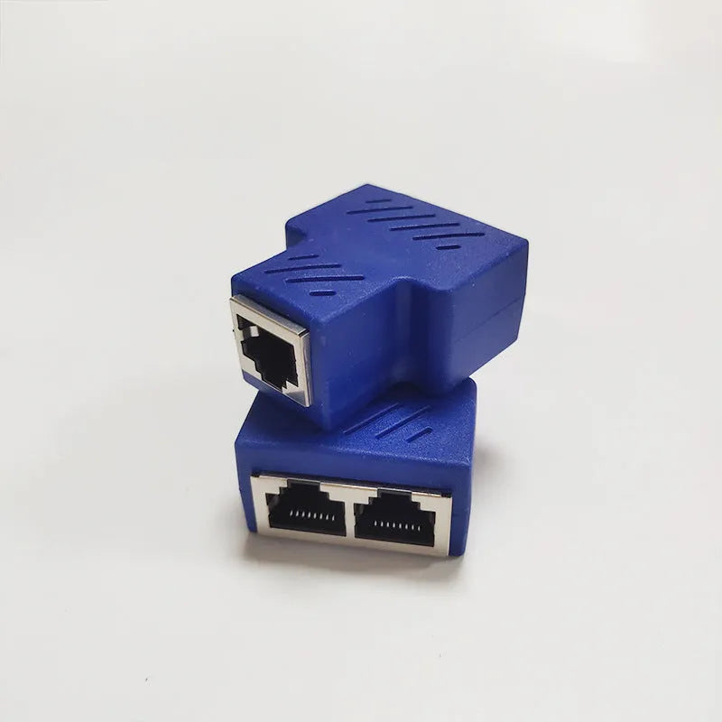 RJ45 network cable splitter adapter in multiple colours, showing one input and two output ports.