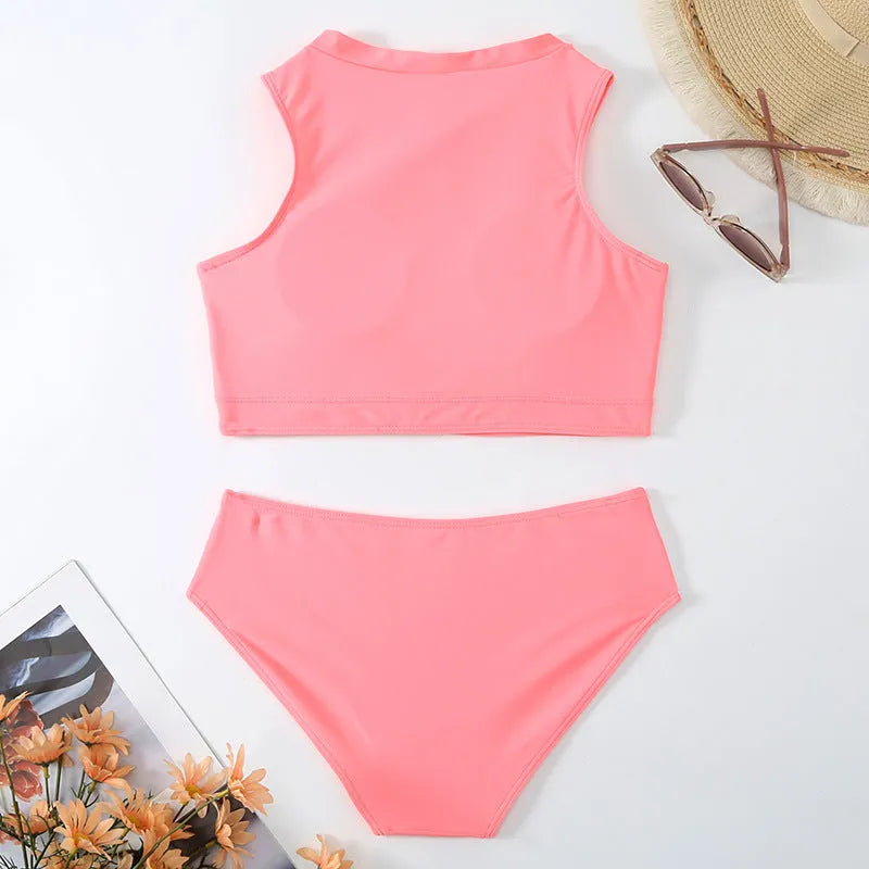 Pink high waist bikini swimsuit with split leg briefs on hanger