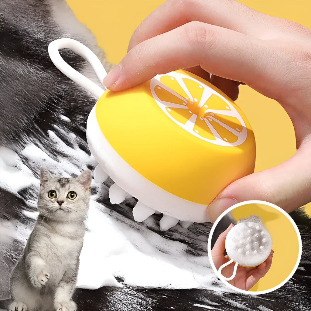 Yellow silicone pet grooming brush with massage comb design for dog and cat bath time