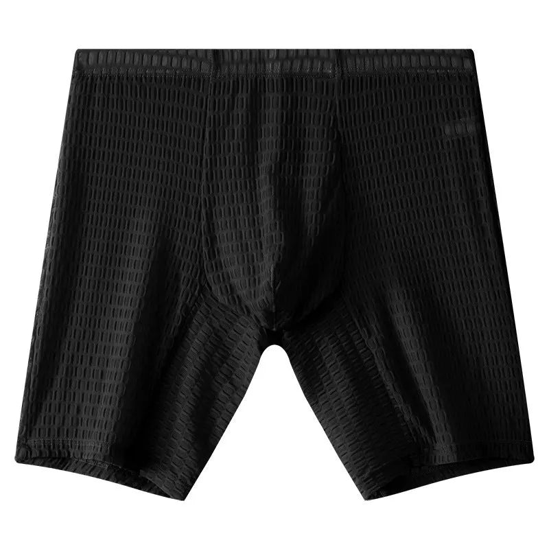 Men's lengthened lace boxer shorts in light purple on a white background.