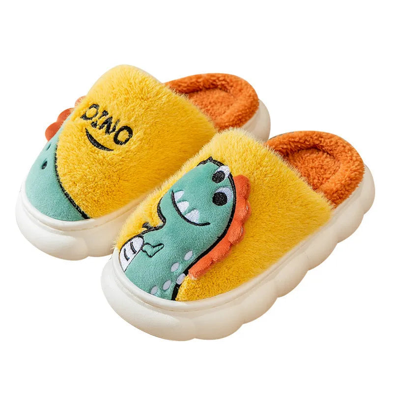 Cotton plush couple slippers with dinosaur designs in gray, coffee and orange colours