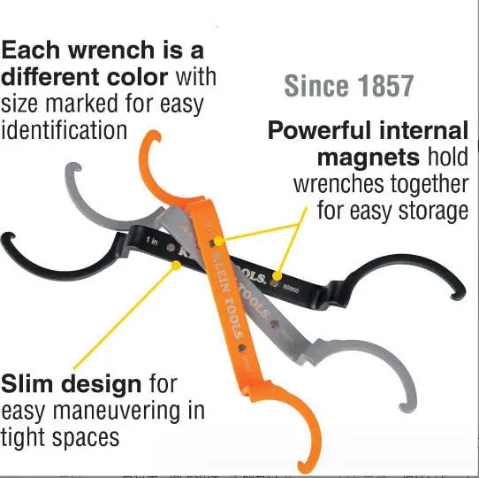 Three colour-coded crescent wrenches with magnetic suction bases: orange, grey and black adjustable spanners
