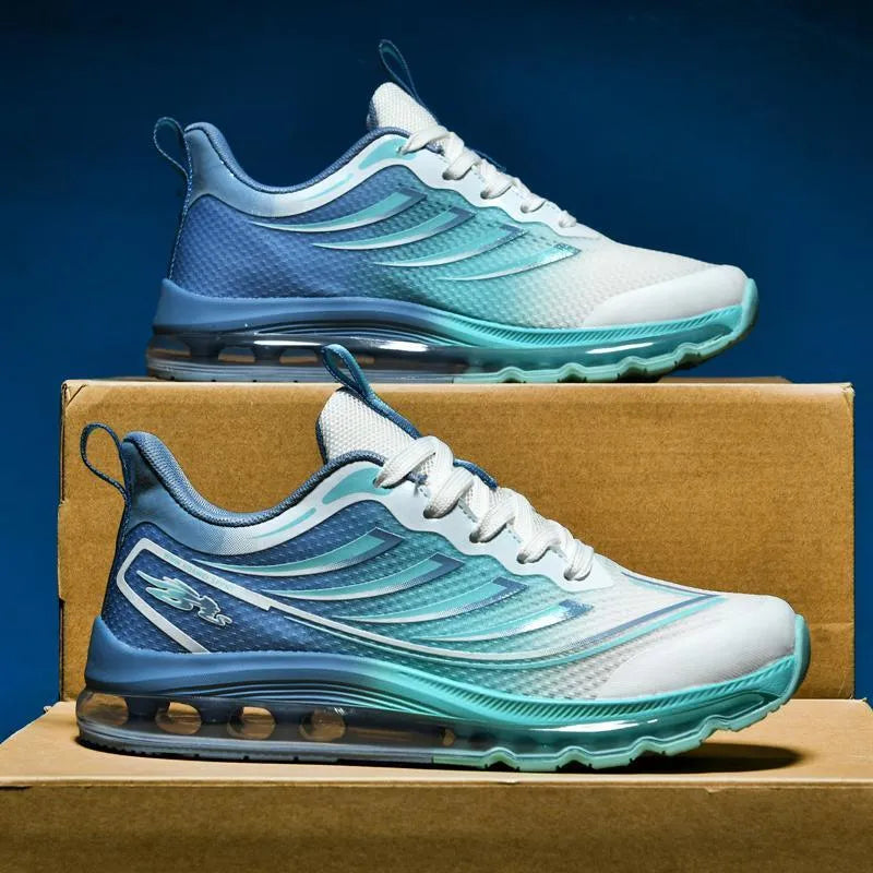 Men's woven blue and white sneakers with a round toe, shown in a size up to EU 48 on a plain background.