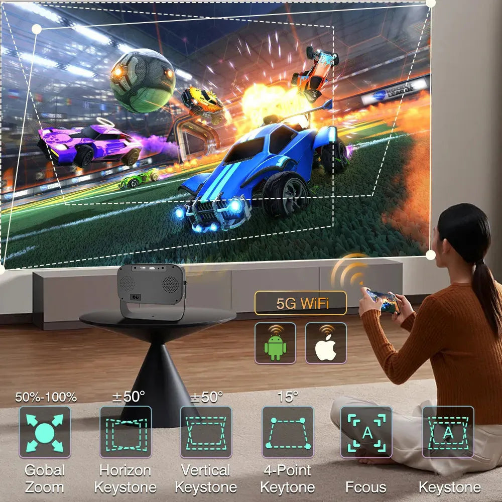 Black HD portable projector with Android system, remote control, and cables on desk