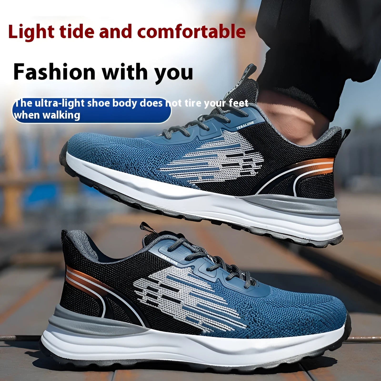 Men's blue safety work shoes with plastic toe cap, Flyknit mesh upper, and non-slip PU sole