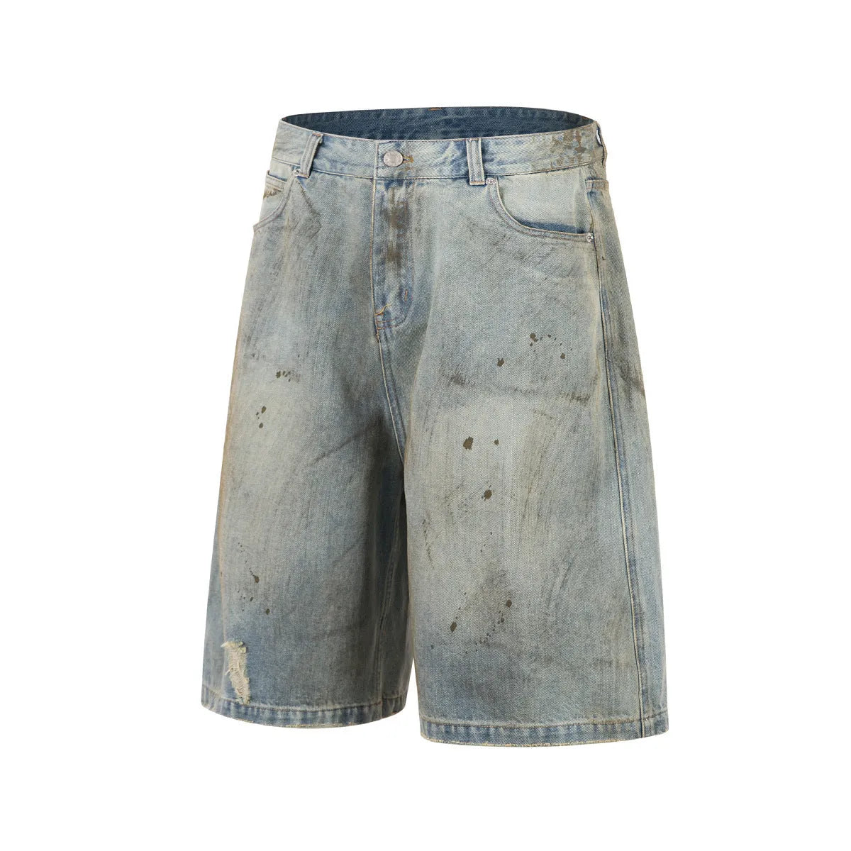 Cropped blue denim jeans with straight-leg design and zip fly on street fashion model