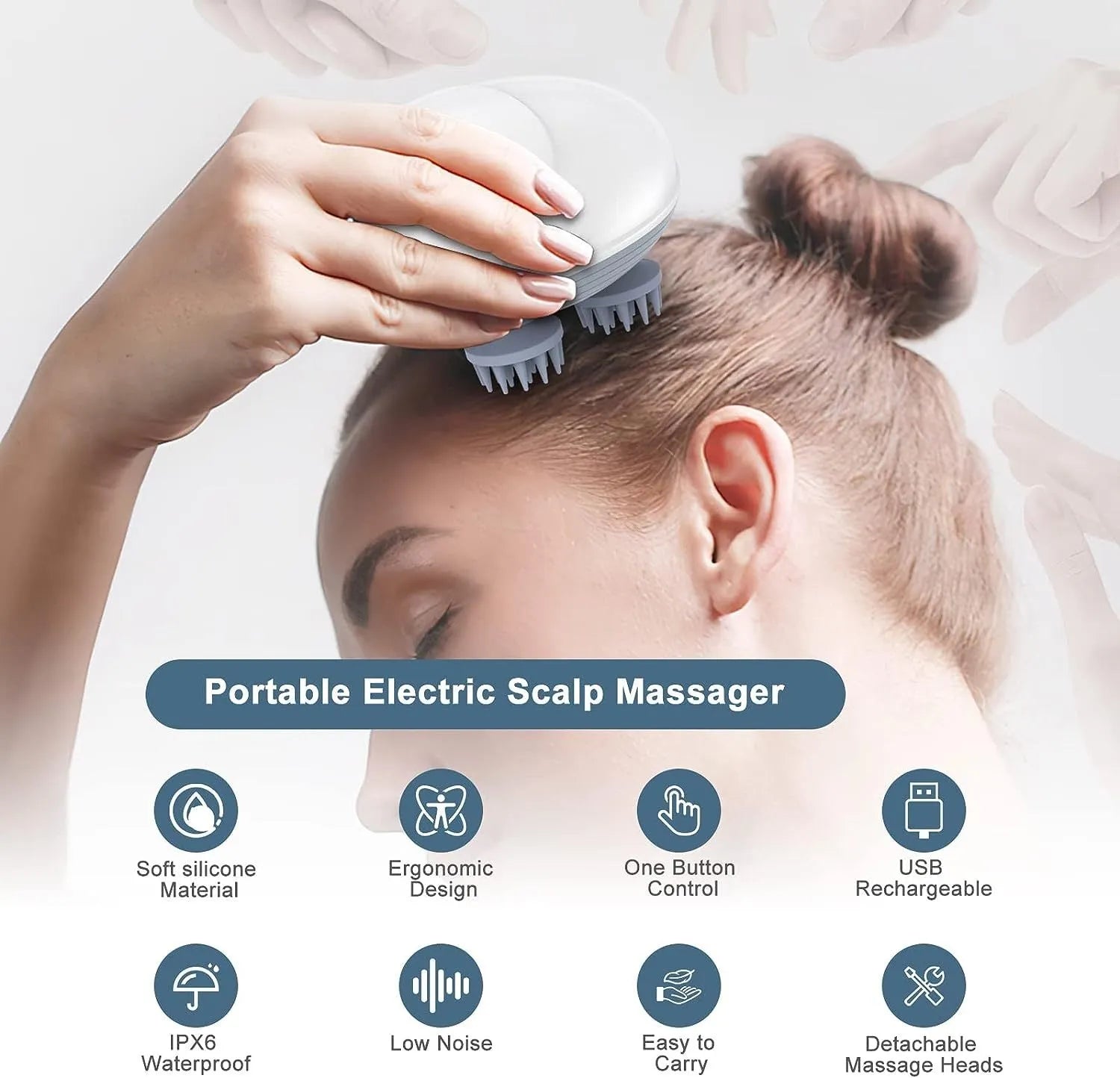 Blue handheld electric pet massager with four rotating heads, shown next to a cat.