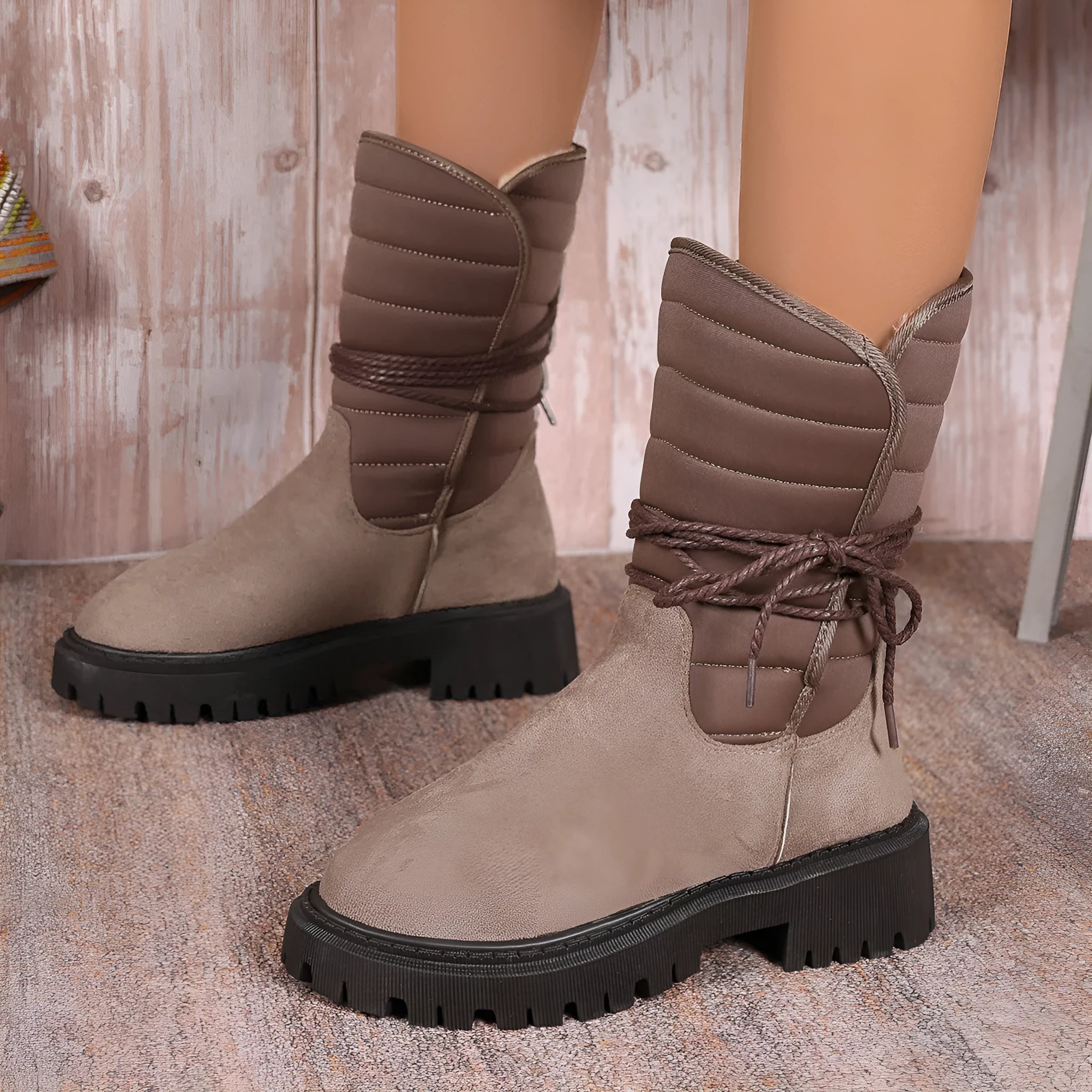 Women's black suede snow boots with chunky heel, lace-up front and fleece lining