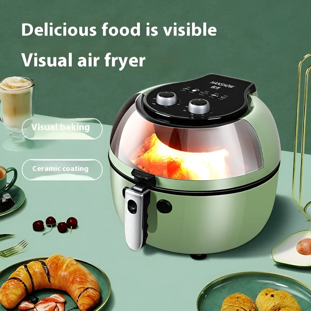 8-litre visible air fryer oven with mechanical button controls and EU conversion plug