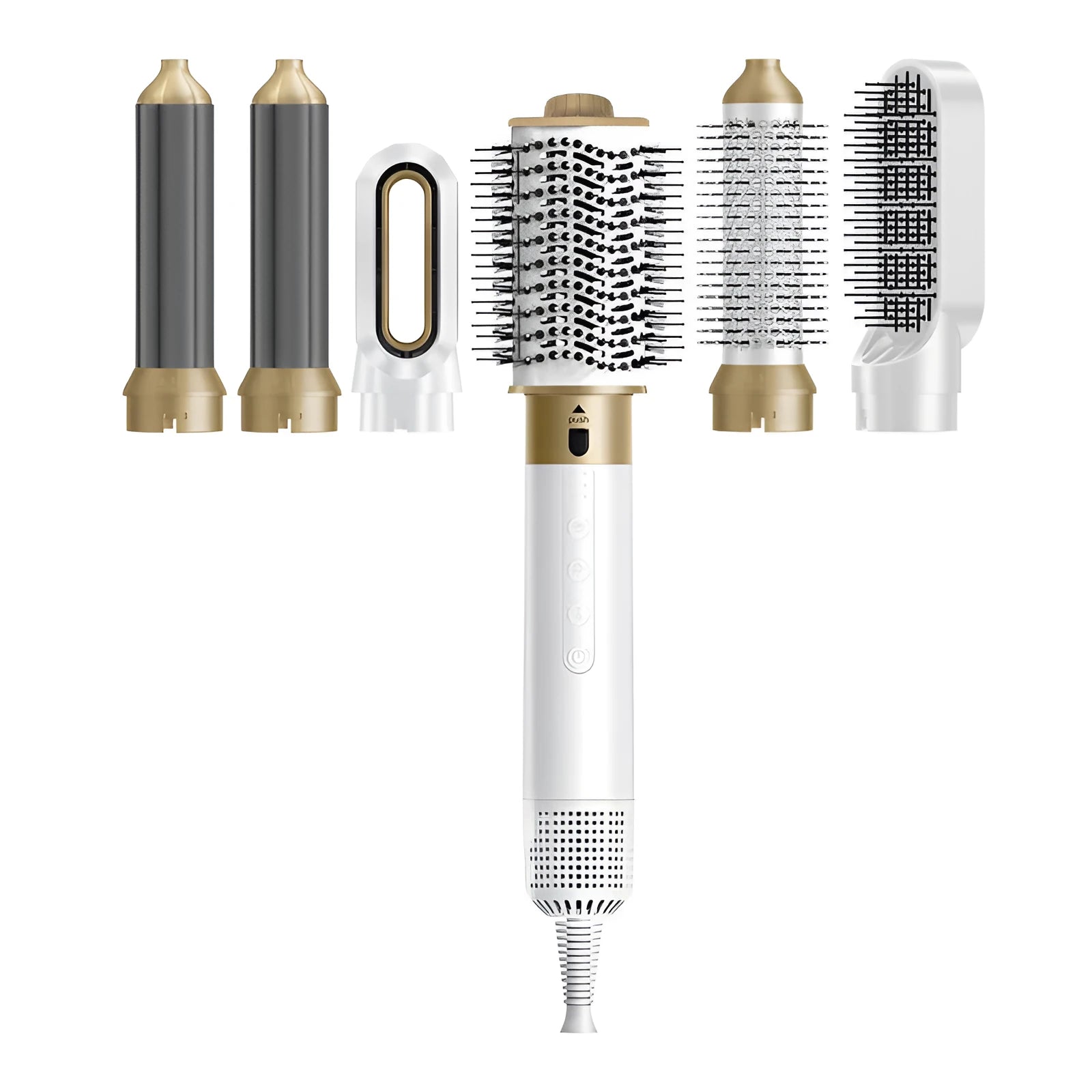 Six-in-one hot air styling comb with multiple attachments in dark blue or white with leather case