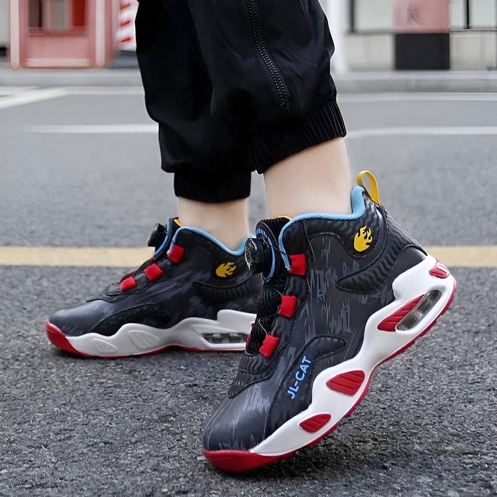Kids rotating button basketball shoes in black, available in sizes 28 to 40.