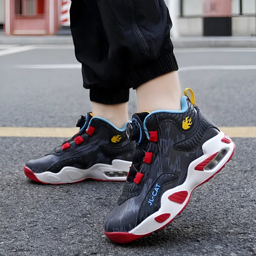 Kids rotating button basketball shoes in black, available in sizes 28 to 40.