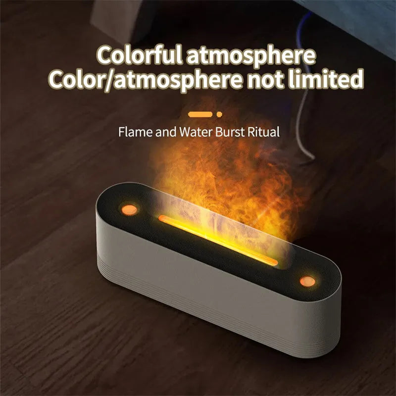 Black ultrasonic humidifier diffuser with colourful LED lights creating flame-like mist effect