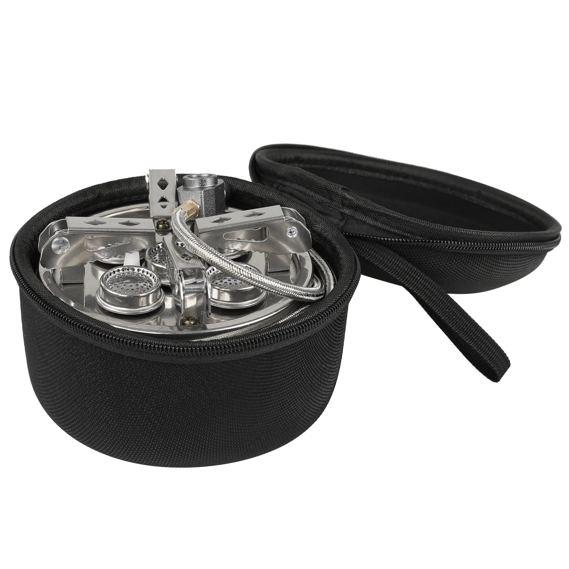 Silver foldable stainless steel split camping stove with copper fittings and a long hose.