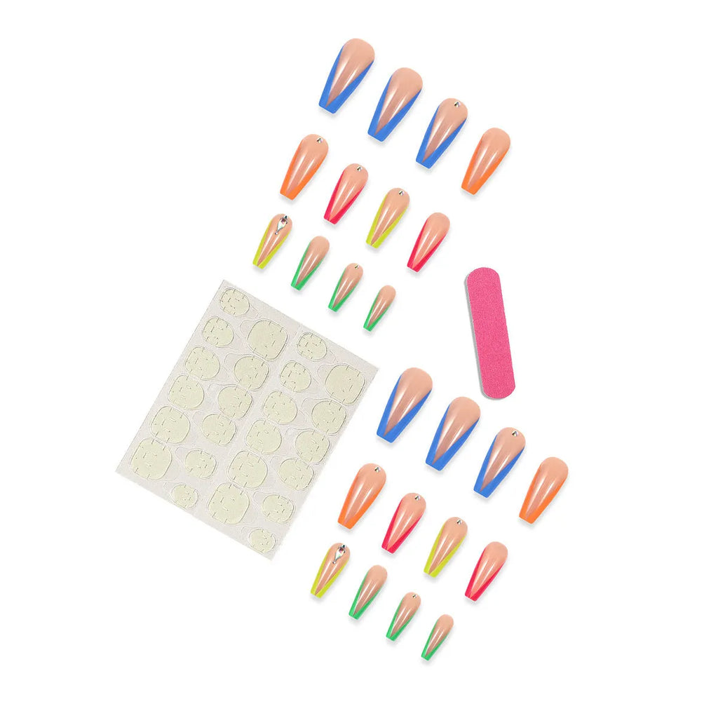 Diamond colour French style press-on nail tips with cartoon and cross heart patterns, jelly glue, and filing strip kit.