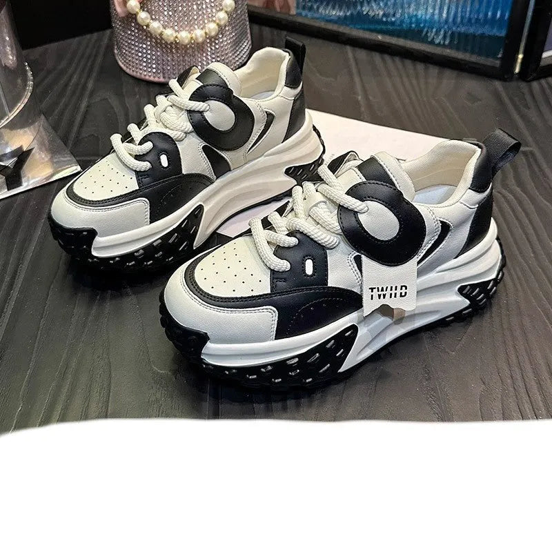 Leather sports casual shoes with thick wedge soles and front lace-up closure in multiple colour options