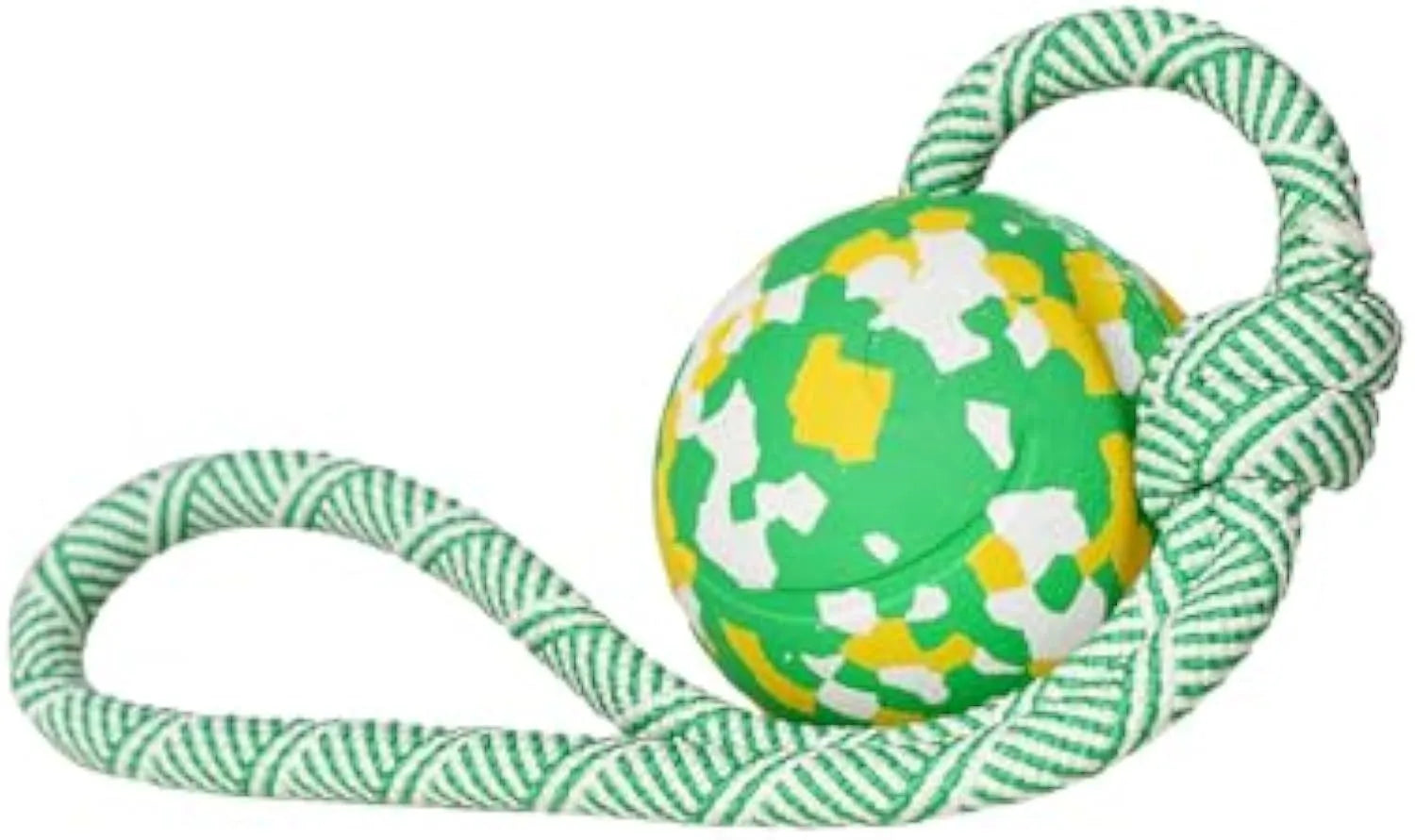 Natural rubber and bamboo fibre dog ball attached to a nylon rope for interactive play
