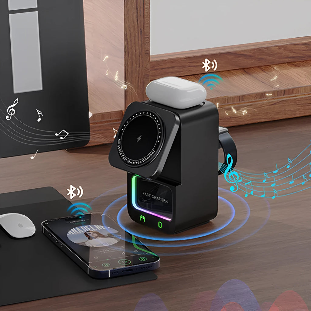 White Bluetooth speaker wireless charging station with QC3.0 fast charging support