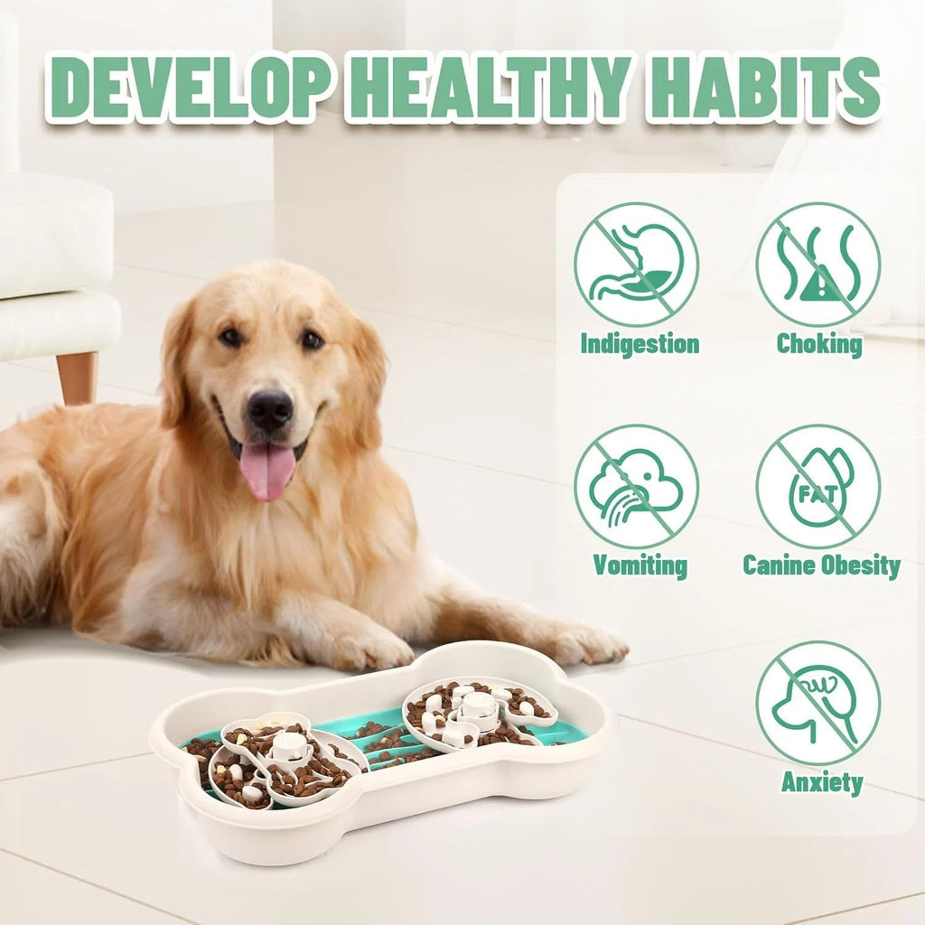 Large green dog slow feeder bowl with three puzzle trays and anti-slip suction cups