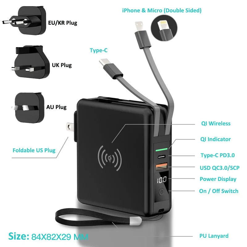 Black and white Super QI wireless charging power bank with integrated plug and international adaptors.