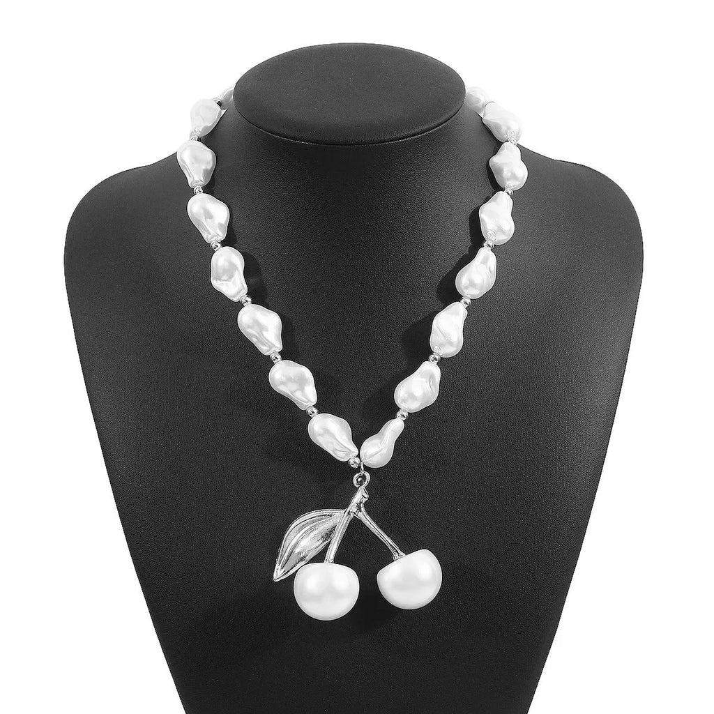 Gold geometric cherry fruit necklace with imitation pearls on adjustable chain for women