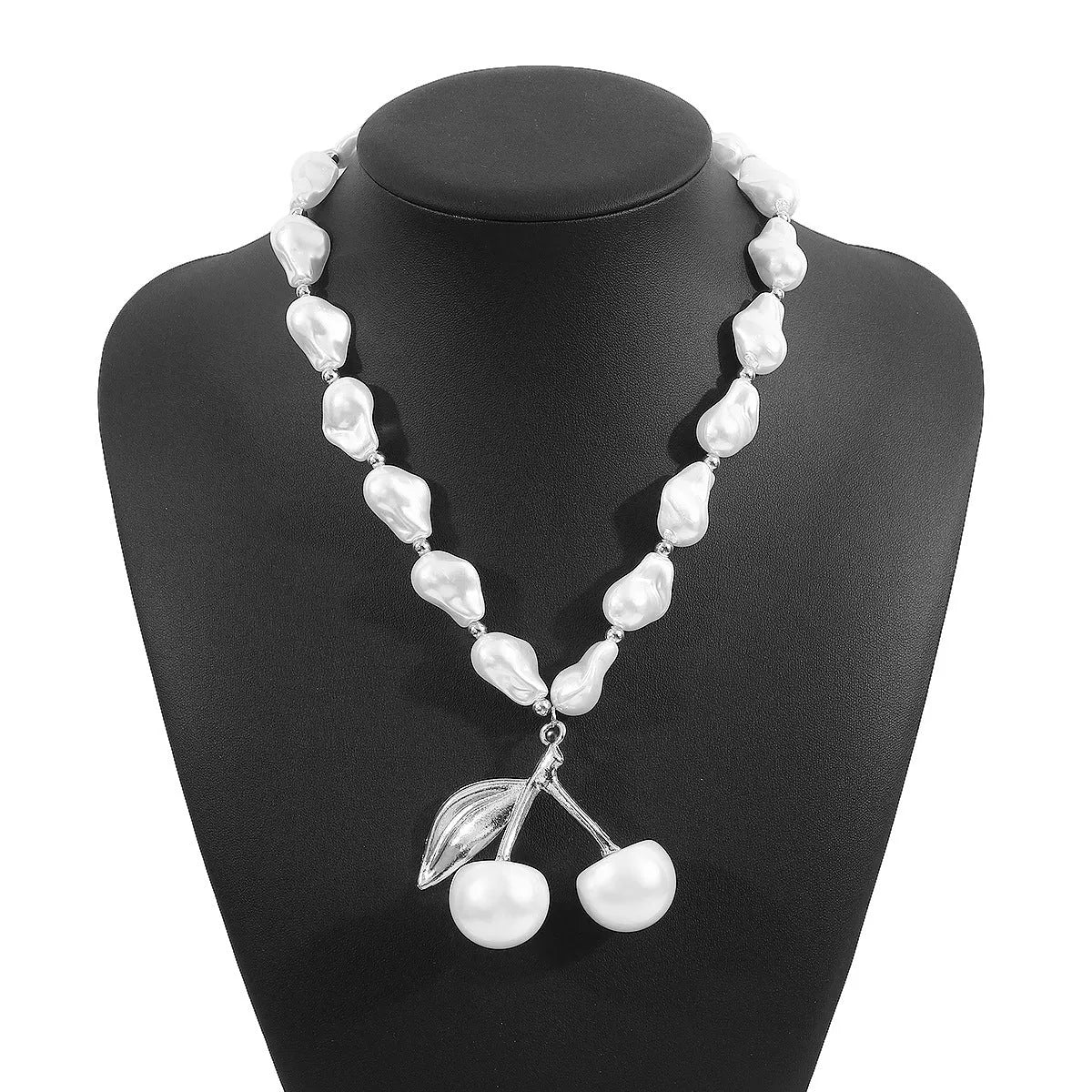 Gold geometric cherry fruit necklace with imitation pearls on adjustable chain for women