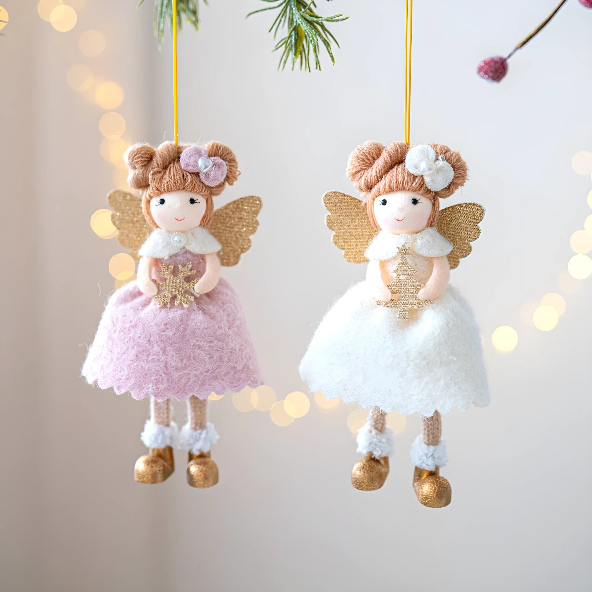 Soft pink and white cloth angel wings plush pendant Christmas tree ornament.