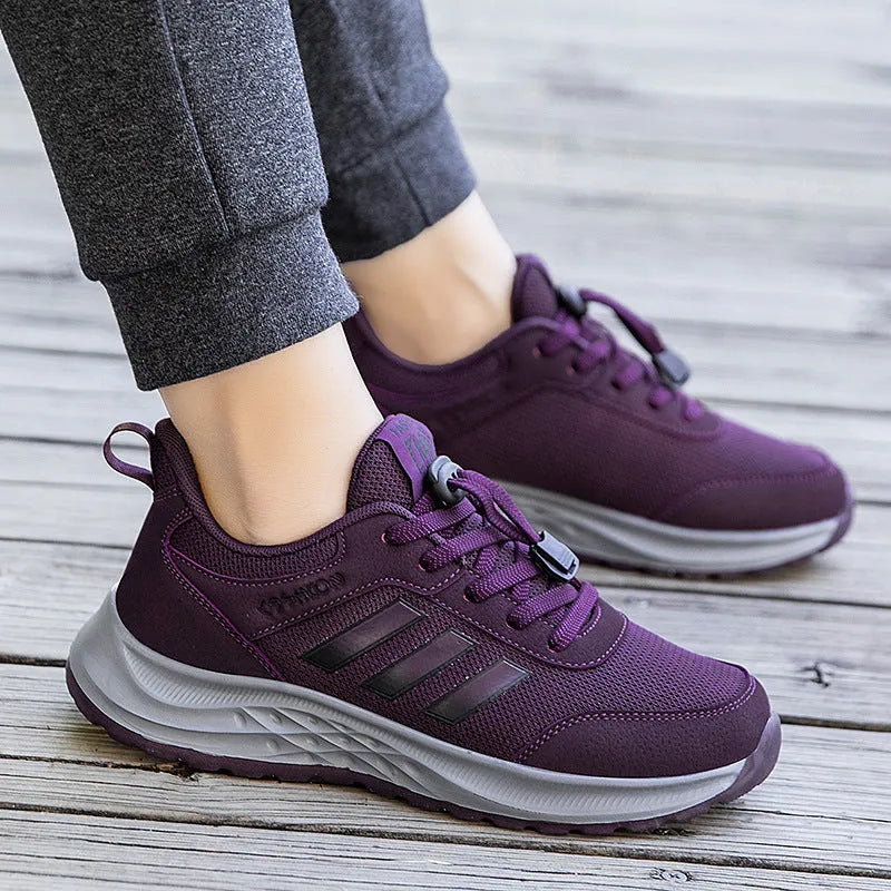 Breathable non-slip casual shoes with mesh upper and elastic band closure in black, dark grey, purple, and purplish red.