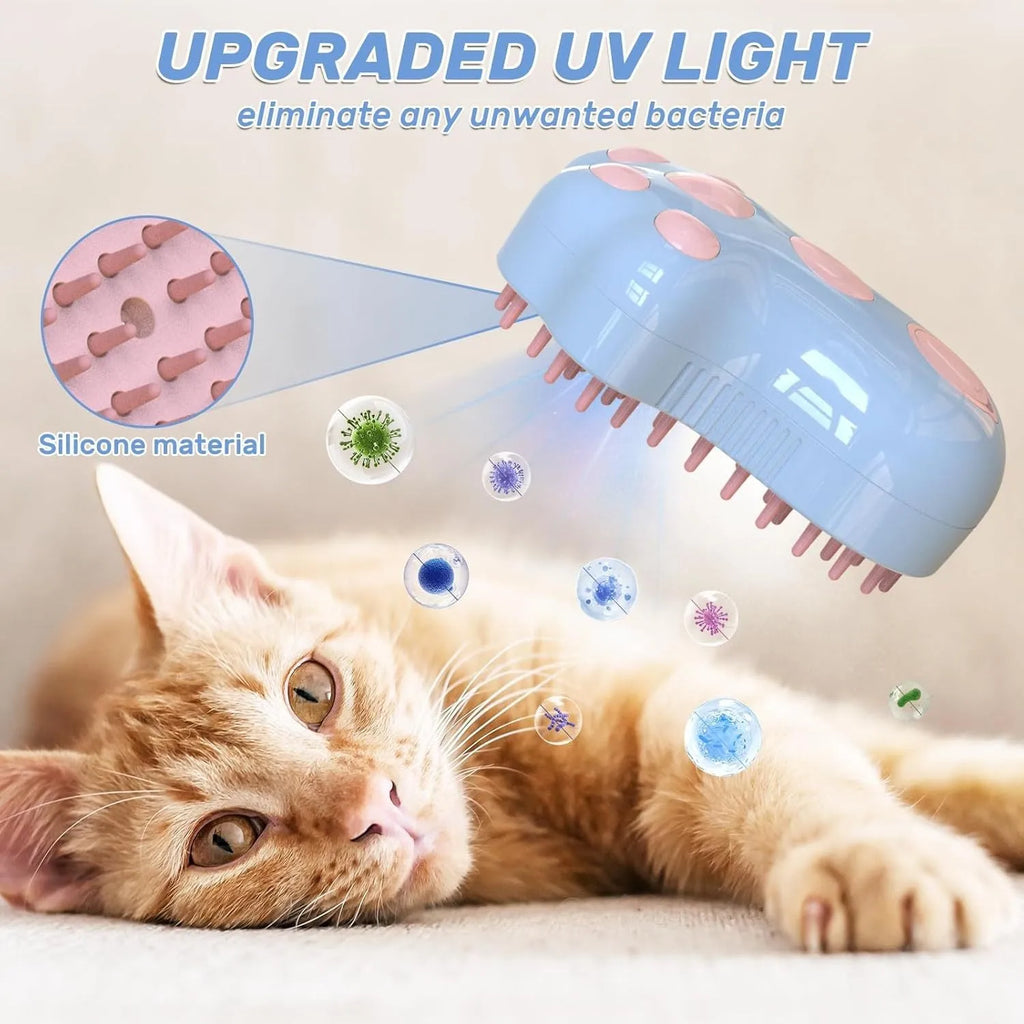 Blue self-cleaning cat steam brush with silicone massage bristles and a release button.