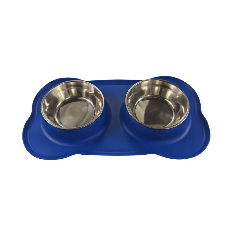Large black silicone dog bowl seated inside a weighted stainless steel base