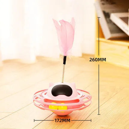 Pink cat tumbler turntable toy measuring 17cm tall with four play options